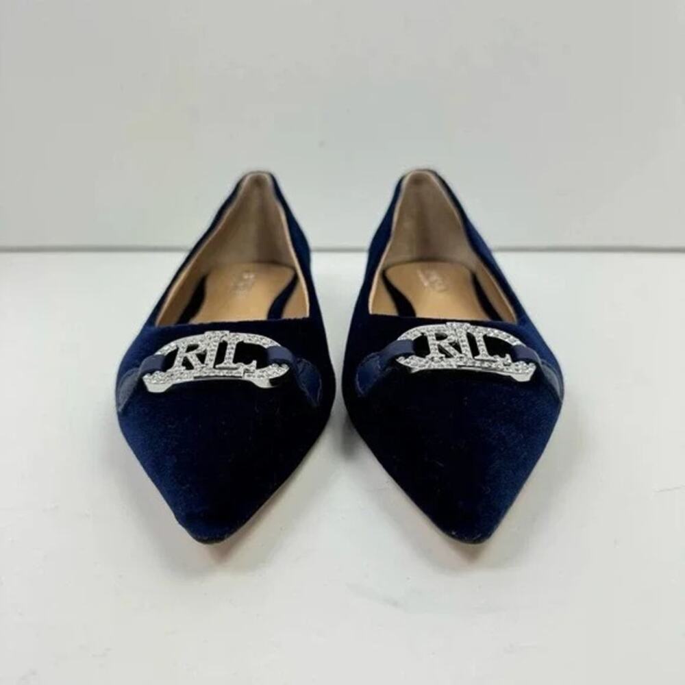 NEW Lauren Ralph Lauren | Lilah Navy Blue Velvet Crystal Logo Pointed Toe Flat - Picture 4 of 11